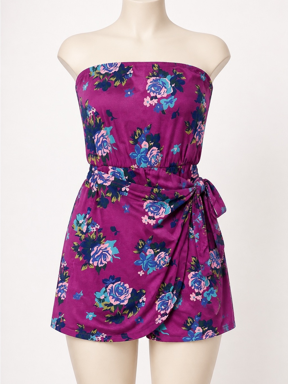 Strapless Floral Romper in Violet with Side Tie